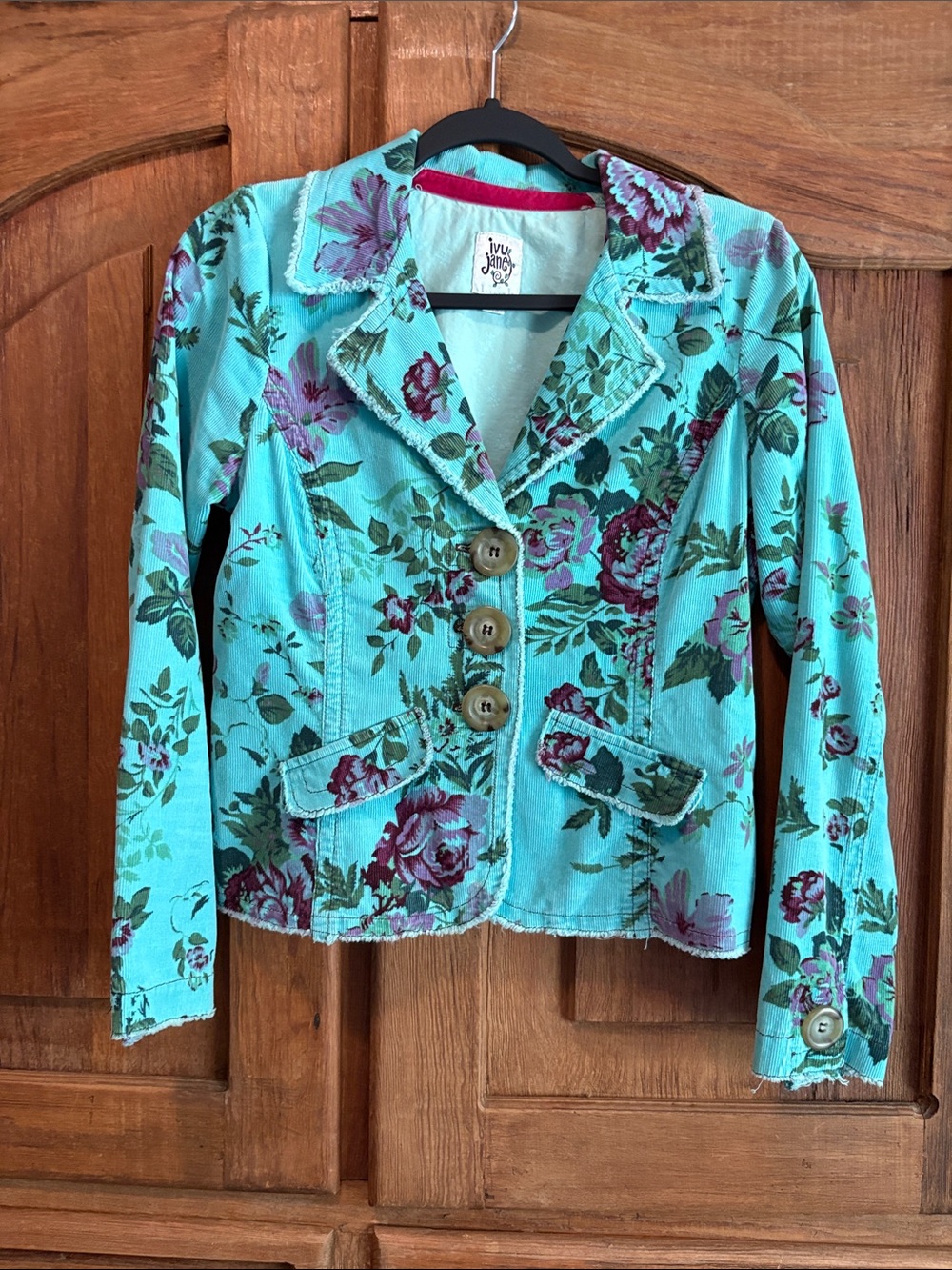 ivy jane Turquoise Floral Corduroy Blazer with Rose Print Accents